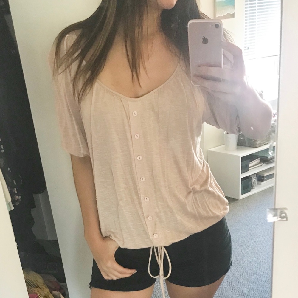 Oversized Light Pink Button Short Sleeve Top